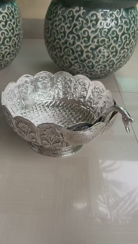 German Silver Swan Round Bowl with Stand for Snacks/Fruits/Home décor